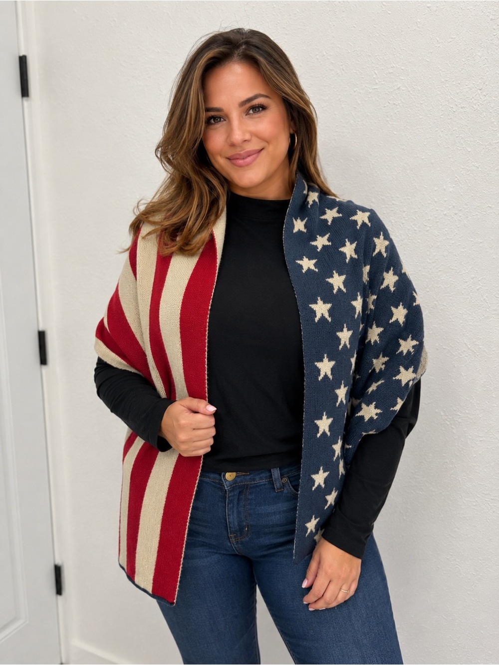 American Flag Knit‎ Wrap Scarf - Red, Cream & Navy OS